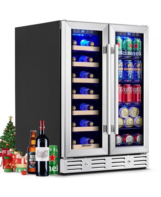 Kalamera 24 inch Wine Fridge Hold 21 Bottles and 75 Cans,Dual Zone Wine and Beverage Refrigerator,Built-In or Freestanding with Blue LED Light,for Home/Bar/Office